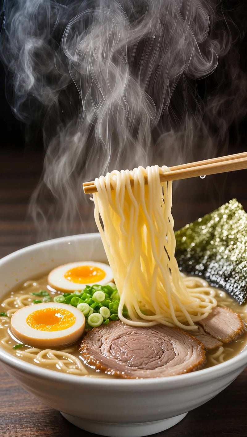 showcases a bowl of ramen a popular japanese dish served in a white bowl with a wooden table as the background - Stock Video
