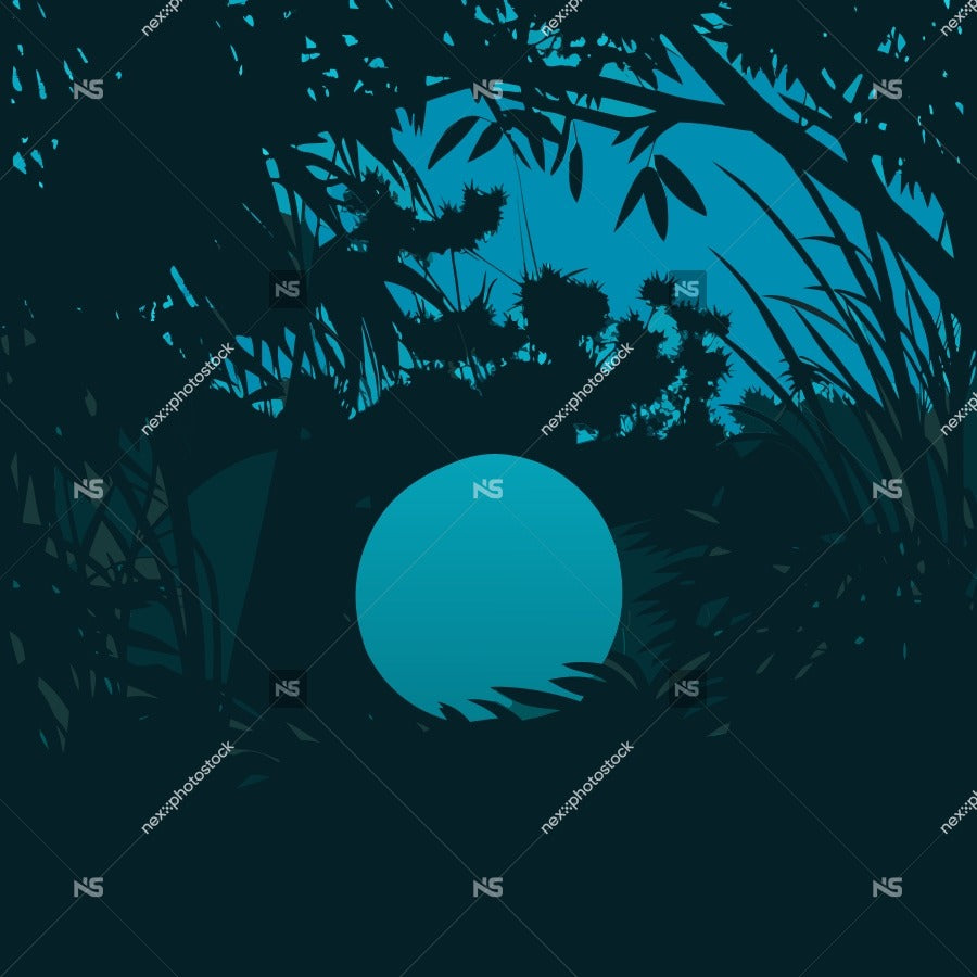 A Nighttime Forest Scene With A Large Illuminated Moon In The Sky And A Small Clearing With A Tree Trunk Visible — Stock Vector