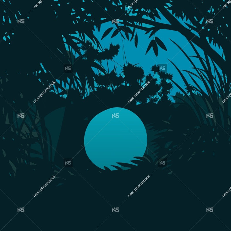 A Nighttime Forest Scene With A Large Illuminated Moon In The Sky And A Small Clearing With A Tree Trunk Visible — Stock Vector