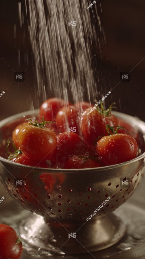 Shows A Silver Colander Filled With Red Tomatoes Being Poured From Above By A Stream Of Water — Stock Photo