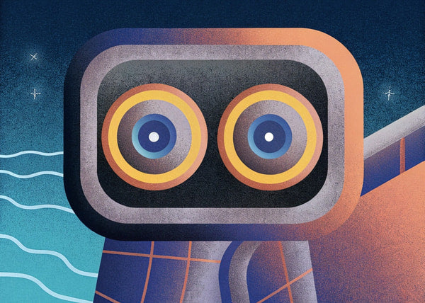 Illustration Of A Robot With Blue Eyes And Orange Accents Against A Dark Background — Stock Illustration