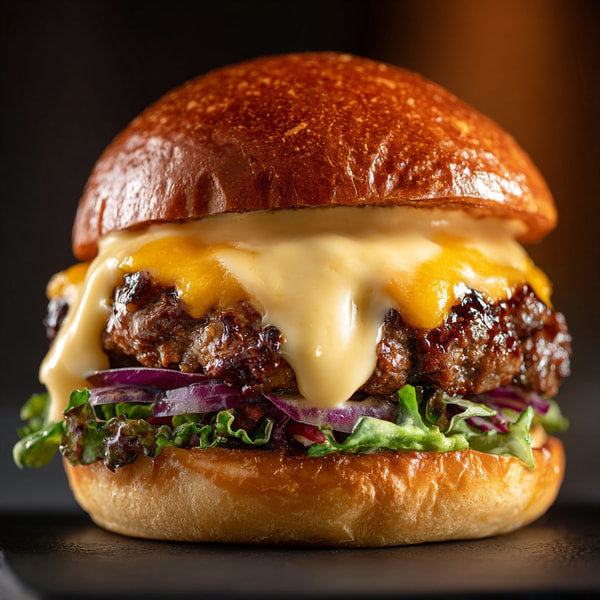 A Cheeseburger With Lettuce And Tomato On A Bun Served On A Wooden Table — Stock Photo