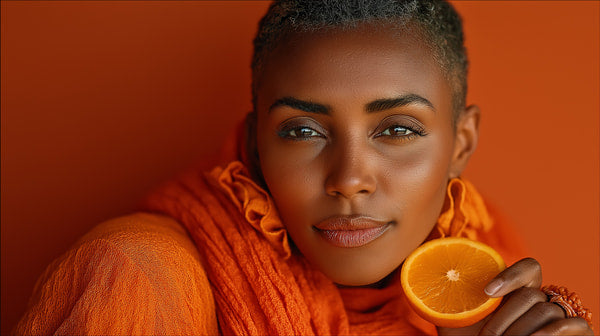 A Portrait Of A Person With Short Hair Wearing An Orange Top And Holding An Orange Slice In Their Hand — Stock Photo