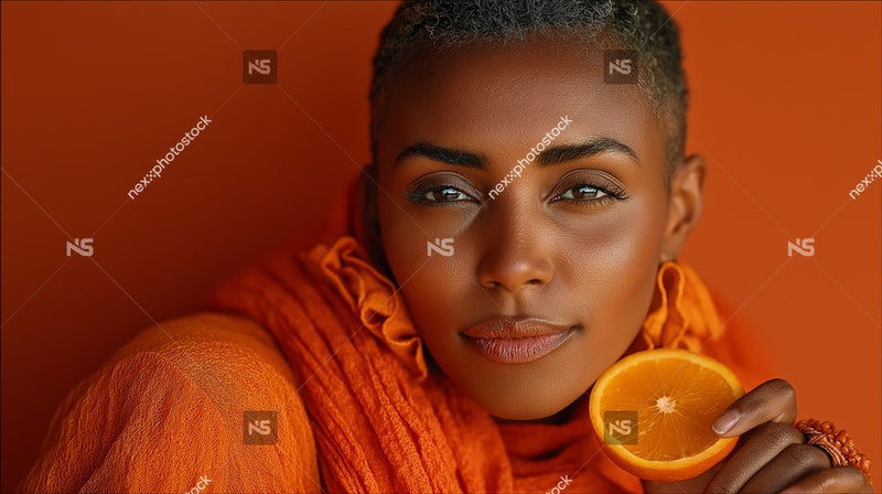 A Portrait Of A Person With Short Hair Wearing An Orange Top And Holding An Orange Slice In Their Hand — Stock Photo