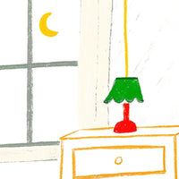 A Cozy Bedroom Scene With A Lamp On A Nightstand And A Window In The Background — Stock Illustration