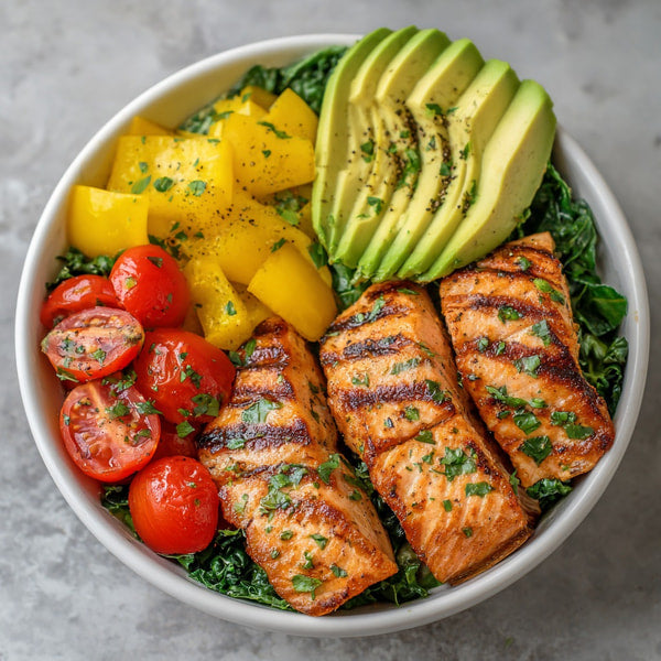 A Bowl Of Meal Prep Containing Salmon Avocado Cherry Tomatoes And A Leafy Green Salad — Stock Photo