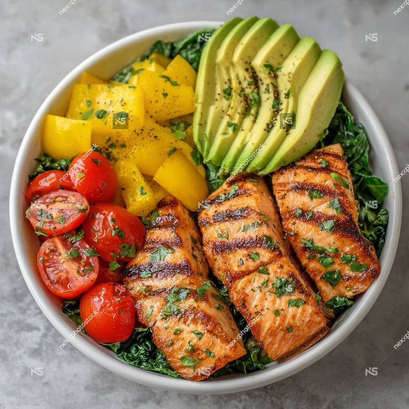 A Bowl Of Meal Prep Containing Salmon Avocado Cherry Tomatoes And A Leafy Green Salad — Stock Photo