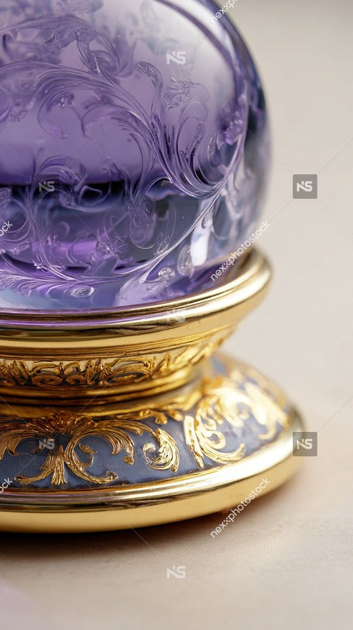 A Purple Glass Bottle With Gold Accents Showcasing Its Intricate Design And Vibrant Color — Stock Photo