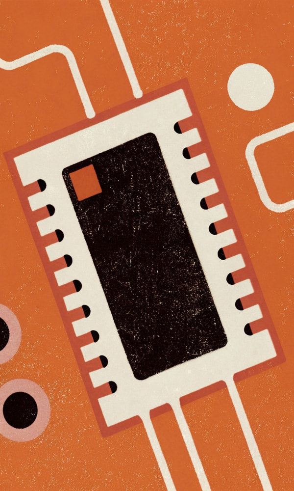 An Illustration Of A Circuit Board With Various Electronic Components Including Resistors And Capacitors Set Against An Orange Background — Stock Illustration