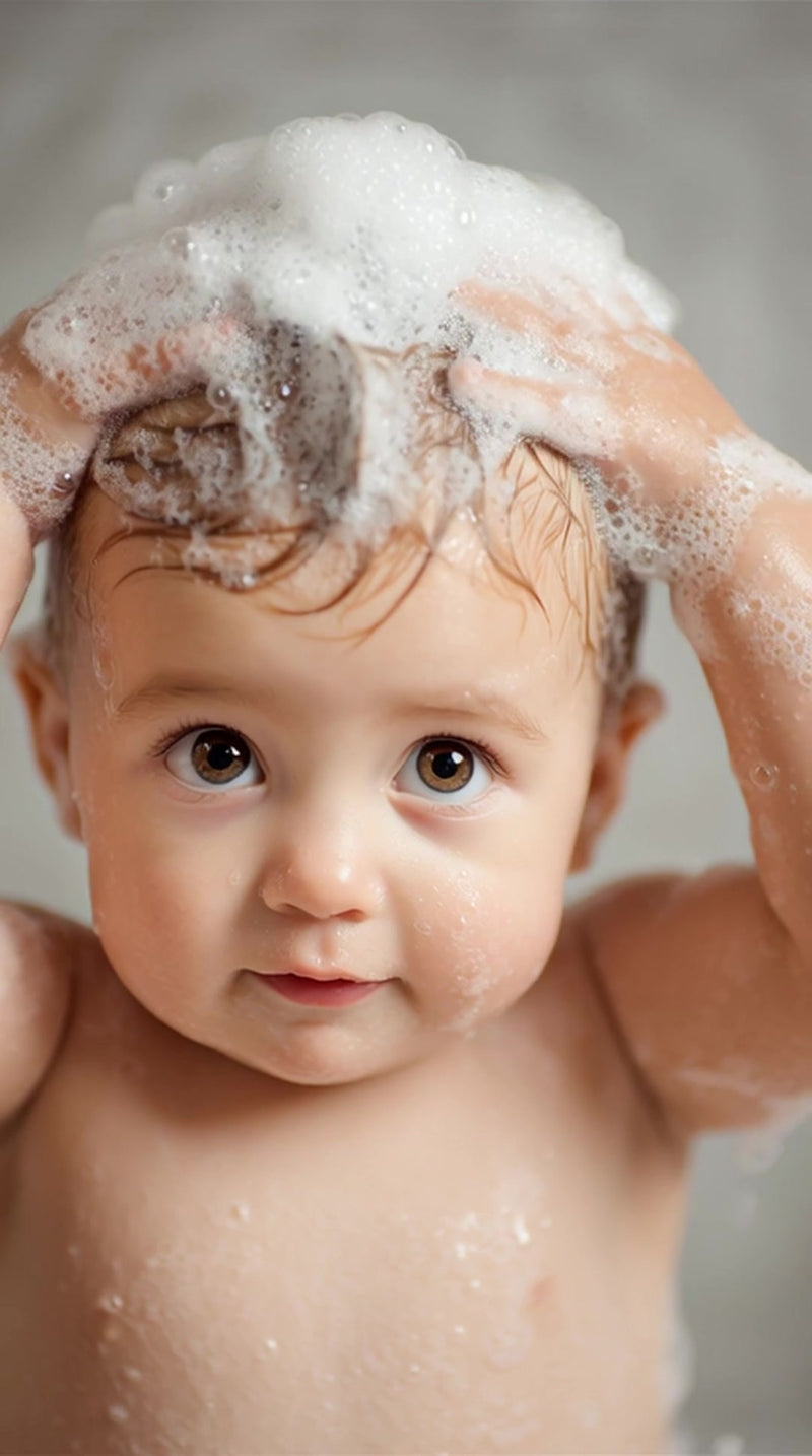 a close up photograph of a baby with soap bubbles on their face and hands - Stock Video