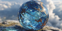 A Large Blue Crystal Ball Sits On A Rocky Surface Reflecting Light And Colors From Its Surroundings — Stock Photo