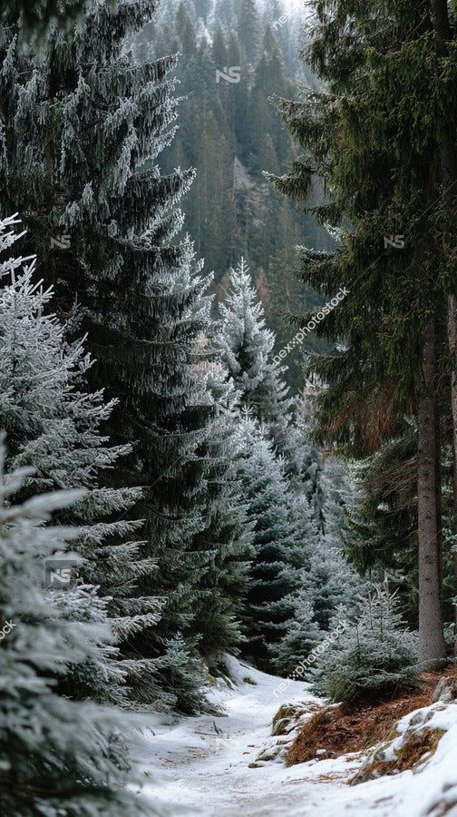 Snow Covered Forest Path With Tall Evergreen Trees A Winding Dirt Trail And A Serene Winter Atmosphere — Stock Photo