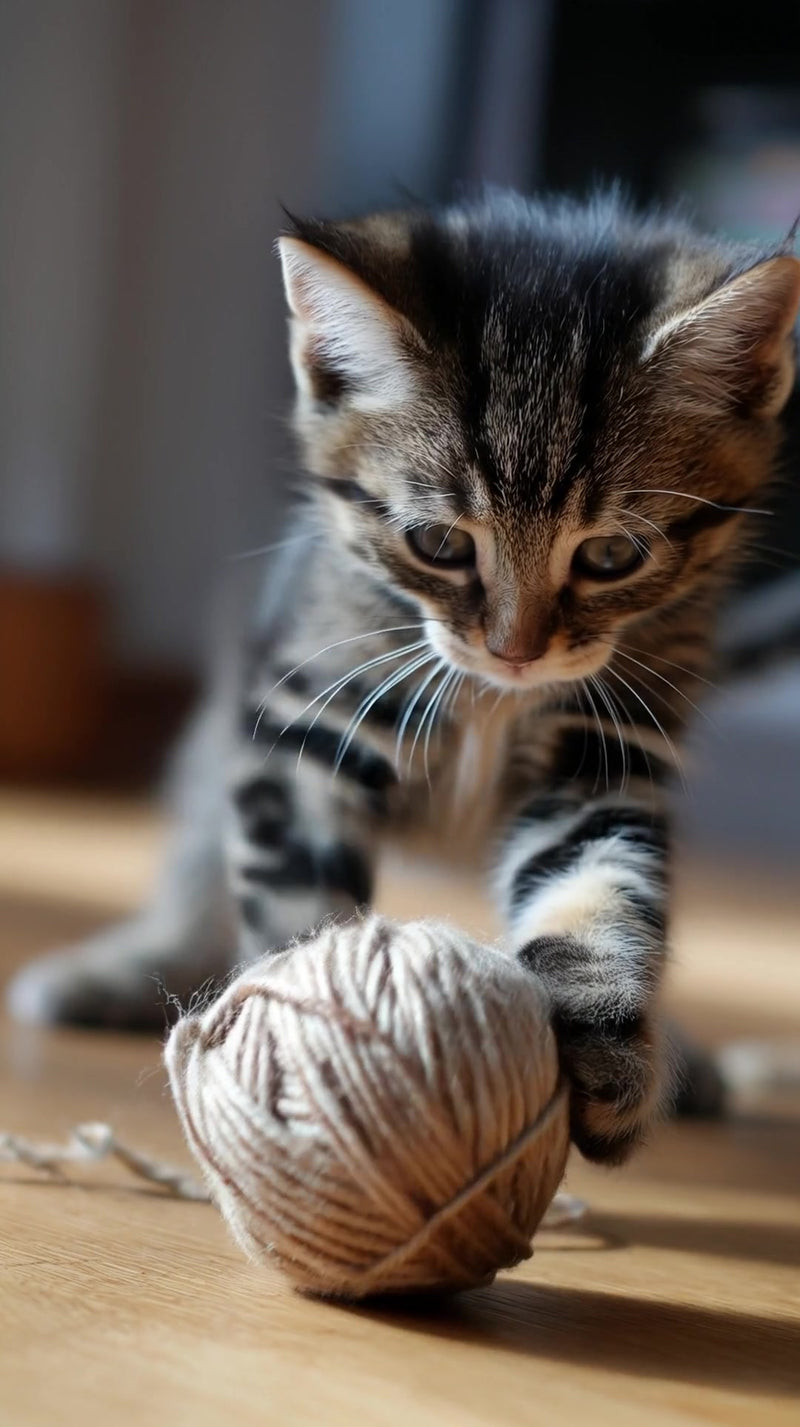 shows a small kitten interacting with a ball of yarn on a wooden surface - Stock Video