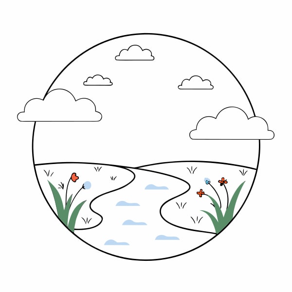 Illustration Of A Serene Landscape Scene A River Flowing Through A Field With Flowers And Clouds In The Sky — Stock Vector