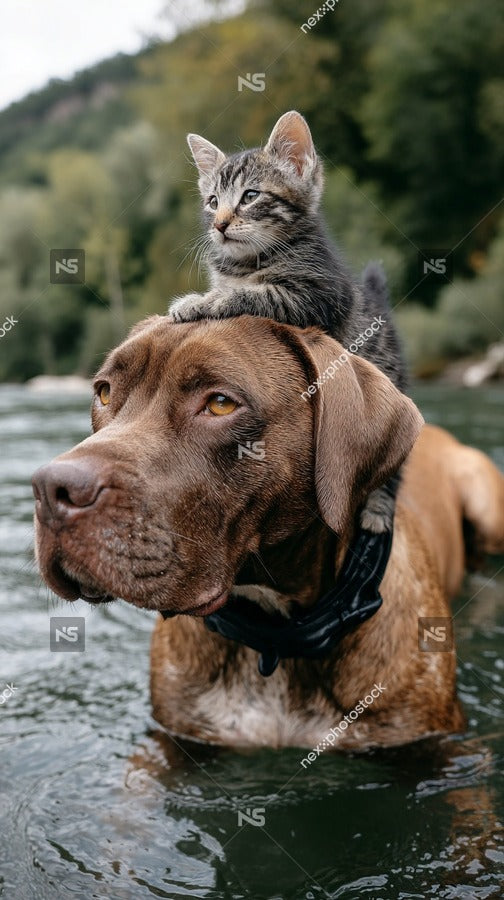 A Dog And A Cat Are Sitting Together In The Water With The Cat On Top Of The Dog S Back — Stock Photo