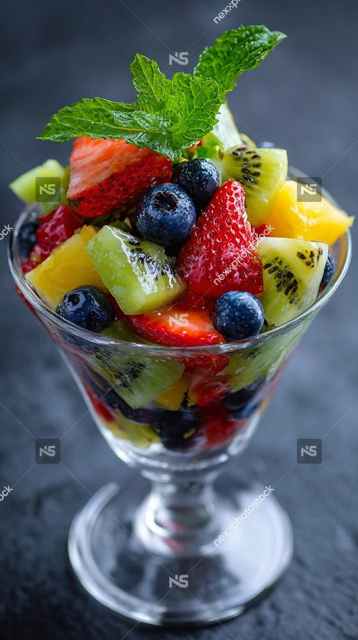 A Bowl Of Fruit Salad Including Strawberries And Blueberries Garnished With Mint Leaves On A Table — Stock Photo