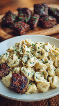 A Plate Of Creamy Pasta With Meatballs Served Alongside A Side Of Garlic Bread And A Salad — Stock Photo