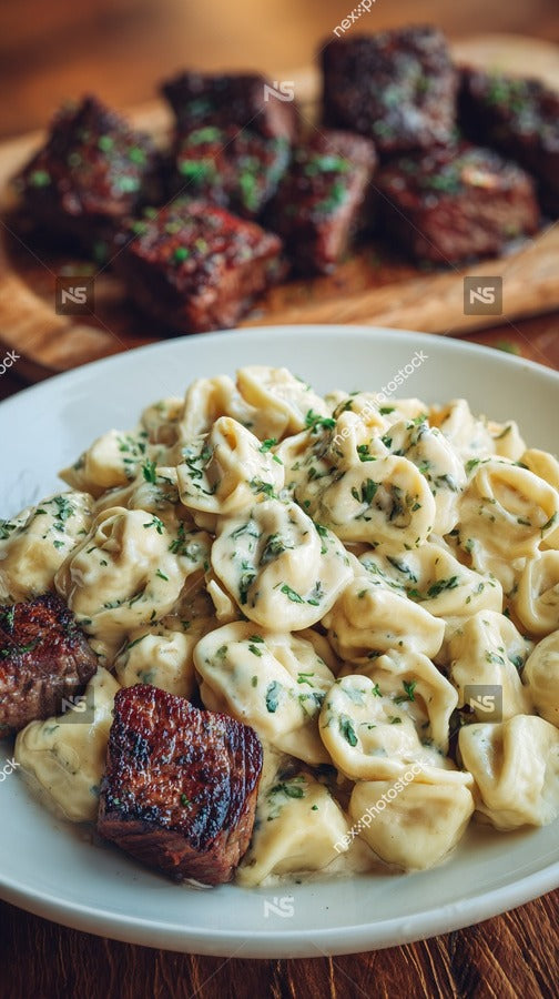 A Plate Of Creamy Pasta With Meatballs Served Alongside A Side Of Garlic Bread And A Salad — Stock Photo
