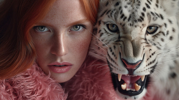 A Woman With Red Hair Poses Alongside A Leopard In A Studio Setting Both Facing The Camera — Stock Photo