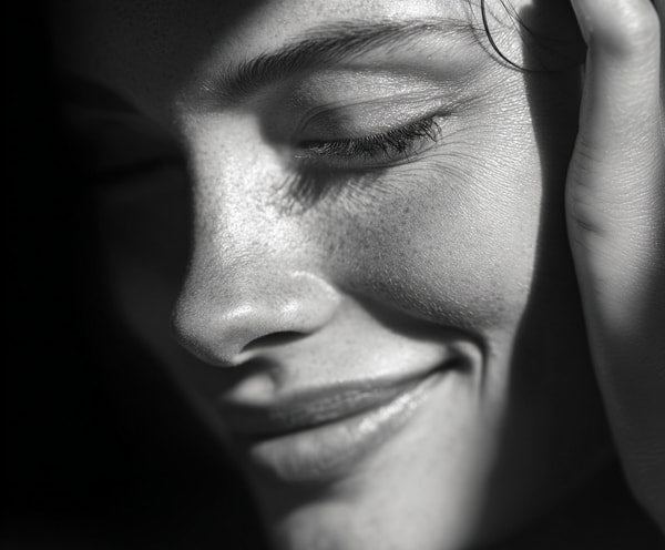 A Close Up Portrait Of A Woman With A Smile Captured From A Side Angle Against A Neutral Background — Stock Photo