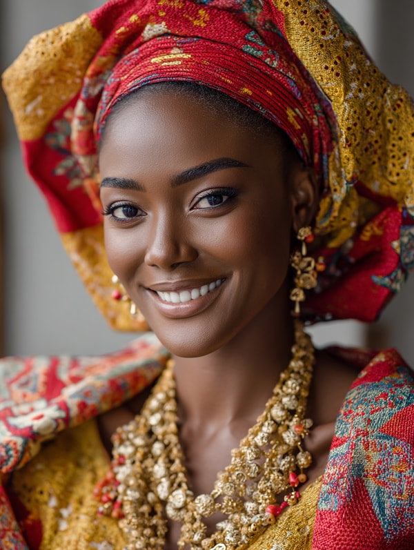 A Woman Wearing Traditional African Attire Including A Headscarf And Jewelry Poses For A Portrait — Stock Photo