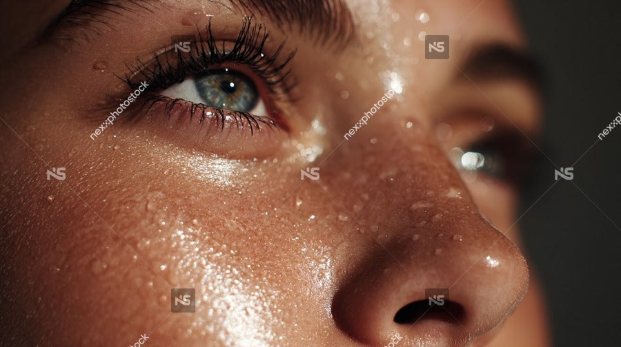 A Close Up Portrait Of A Person With Their Eyes Closed And A Glossy Substance On Their Face Sweat Oil — Stock Photo