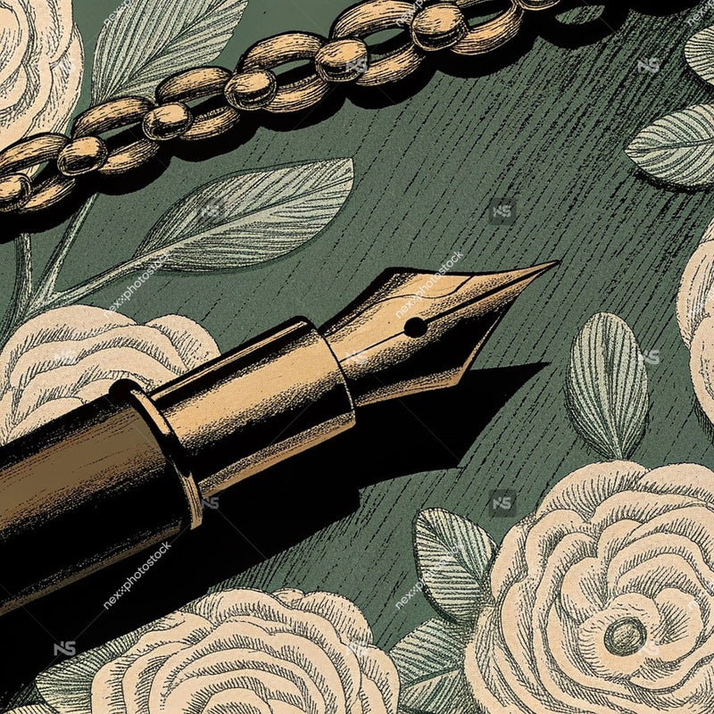 Antique Pen With Gold Nib On Floral Background — Stock Illustration