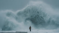 A Solitary Figure Stands Amidst A Massive Wave In The Ocean Captured From A Distance — Stock Photo