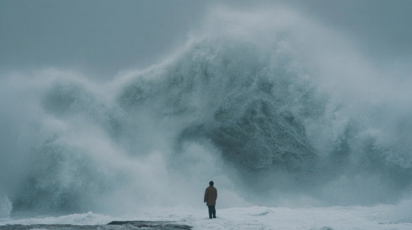 A Solitary Figure Stands Amidst A Massive Wave In The Ocean Captured From A Distance — Stock Photo