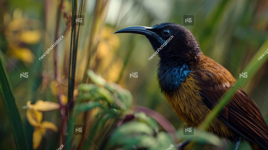 A Black Bird Perched In A Natural Setting Surrounded By Tall Grass And Foliage — Stock Photo