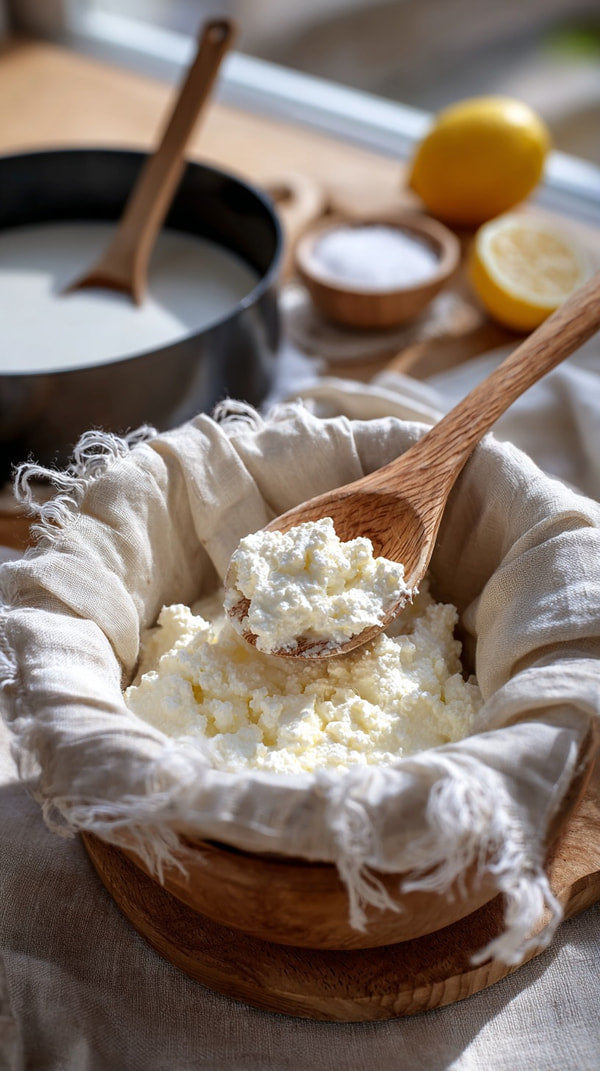 A Bowl Of Creamy Cheese With A Spoon Set Against A Backdrop Of Kitchen Ingredients And Utensils — Stock Photo