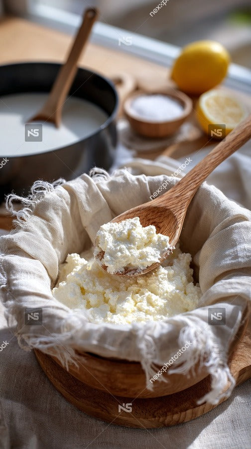 A Bowl Of Creamy Cheese With A Spoon Set Against A Backdrop Of Kitchen Ingredients And Utensils — Stock Photo