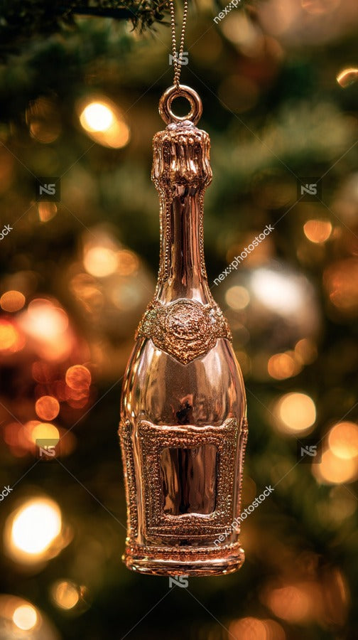 A Christmas Bottle Decoration Is Visible Hanging From A Tree Adorned With Gold Ornaments And Twinkling Lights — Stock Photo