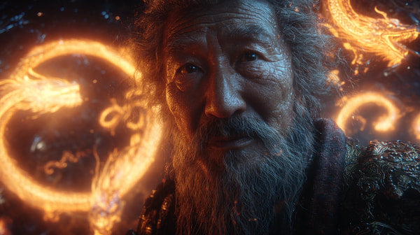 Features A Man With An Elderly Appearance Standing In Front Of A Fiery Background With Swirling Flames And Glowing Orbs — Stock Photo