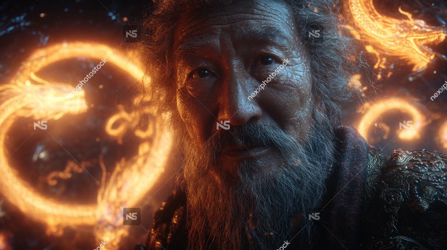 Features A Man With An Elderly Appearance Standing In Front Of A Fiery Background With Swirling Flames And Glowing Orbs — Stock Photo
