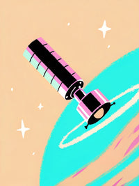 Animated Illustration Of A Space Telescope In Orbit Around A Planet With A Colorful Ring System And A Starry Sky Background — Stock Illustration