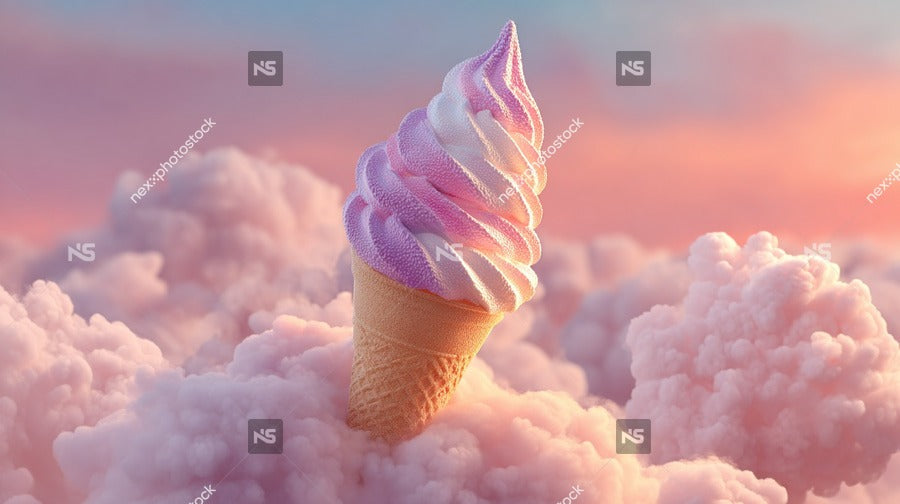 A Purple Ice Cream Cone With A Swirl Of Soft Serve Ice Cream On Top Set Against A Backdrop Of Pink Clouds — Stock Photo