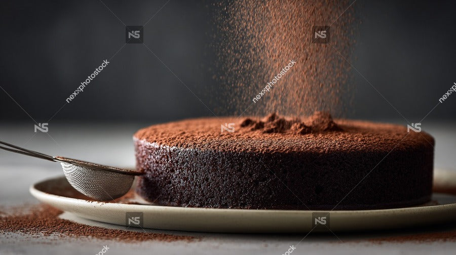 A Chocolate Cake With Powdered Sugar Served On A Plate And Garnished With A Sprinkle Of Cocoa Powder — Stock Photo