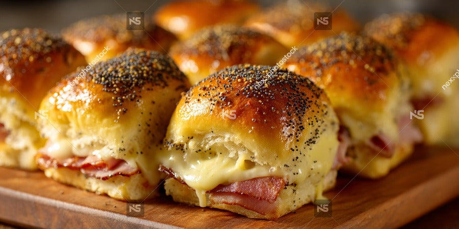 Close Up Of A Tray Filled With Small Sandwiches Topped With Poppy Seeds And Cheese Arranged On A Wooden Surface — Stock Photo