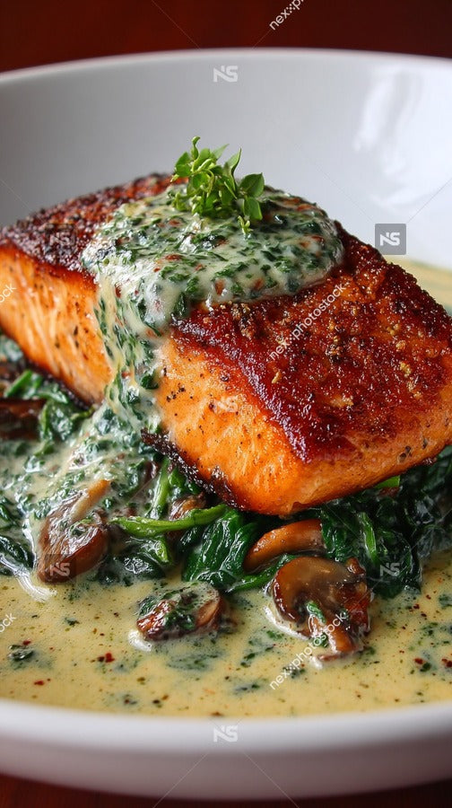 A Plate Of Salmon Served With Spinach Sauce Garnished With A Sprig Of Parsley — Stock Photo