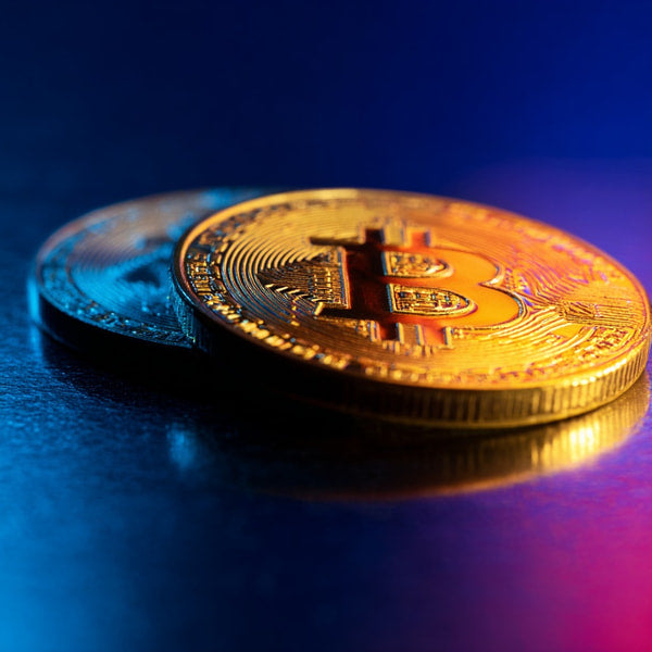 Close Up Of A Golden Bitcoin Coin On A Dark Surface Against A Blue Background — Stock Photo