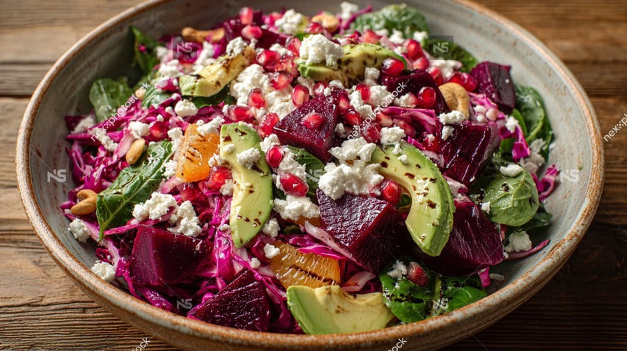 A Vibrant Salad In A Bowl Topped With Feta Cheese And Garnished With Pomegranate Seeds And Chopped Nuts — Stock Photo