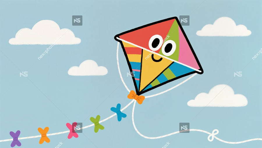 A Vibrant Kite Soaring High Against A Backdrop Of Blue Sky And Fluffy Clouds — Stock Illustration