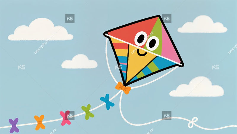A Vibrant Kite Soaring High Against A Backdrop Of Blue Sky And Fluffy Clouds — Stock Illustration