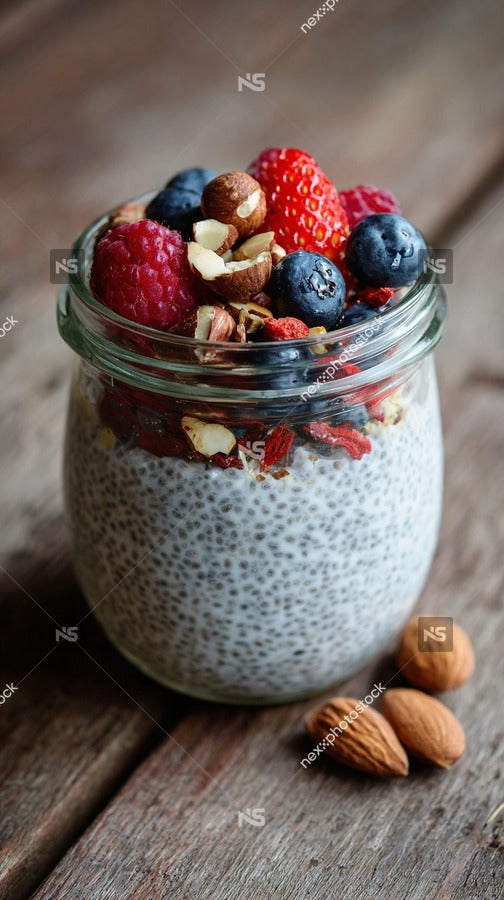 Glass Jar Filled With Chia Pudding Topped With Berries And Nuts On Wooden Surface — Stock Photo