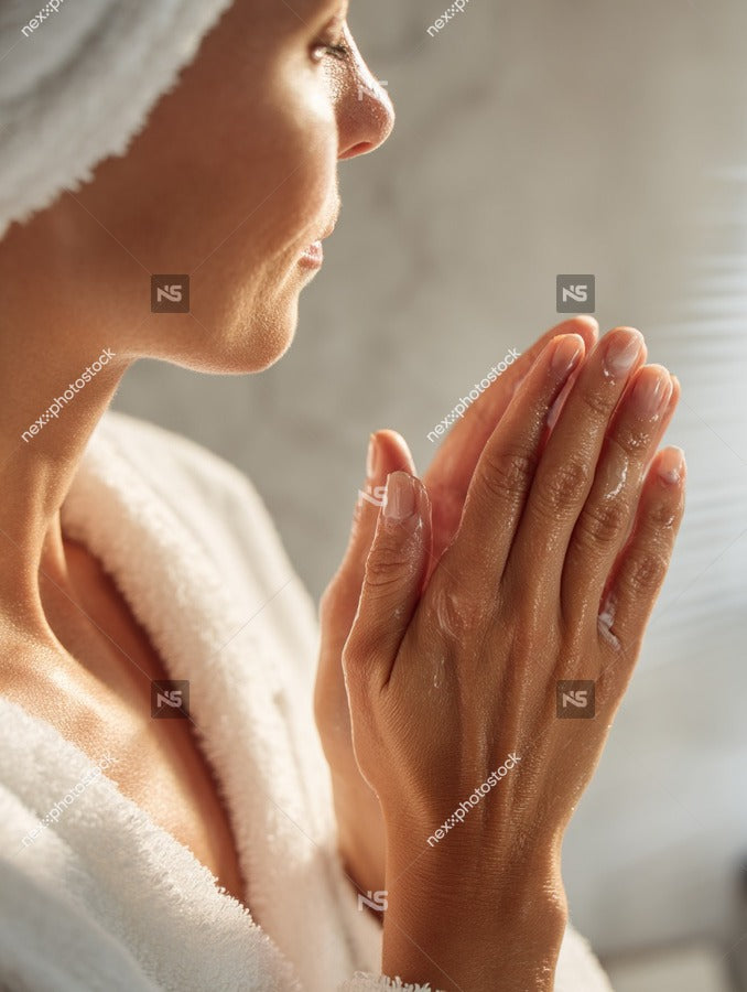 A Woman In A Spa Captured From A Close Up Angle With Her Eyes Closed And Hands Clasped Together In Prayer Meditation — Stock Photo