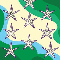 Features A Pattern Of Starfish Against A Background That Resembles A Stylized Landscape With Blue And Green Colors — Stock Vector