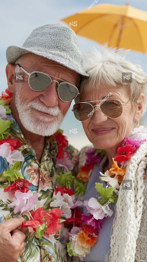 Older Couple Posing For A Photo At The Beach Both Wearing Sunglasses And Leis Smiling And Embracing — Stock Photo