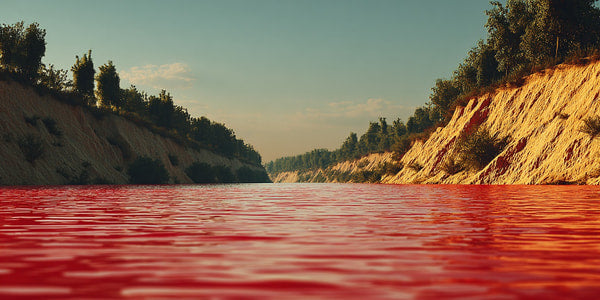 A Desert Landscape With A Red River Flowing Through It Under A Clear Sky — Stock Photo