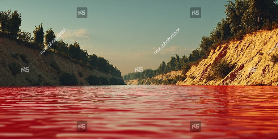 A Desert Landscape With A Red River Flowing Through It Under A Clear Sky — Stock Photo